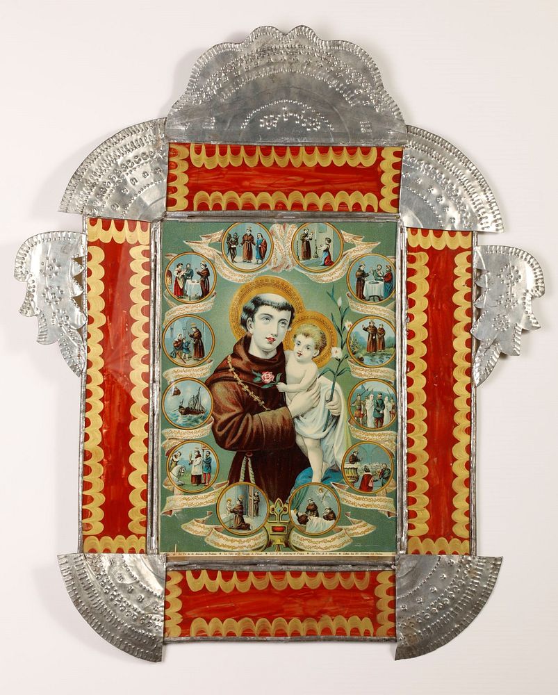 Appraisal: Tin Frame with Devotional Print ca Attributed to Isleta Tinsmith