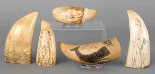 Appraisal: Five scrimshaw decorated whale teeth largest -