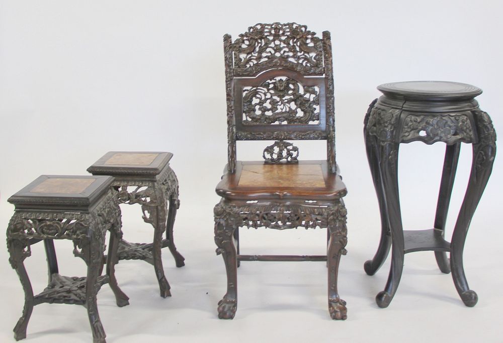 Appraisal: Highly And Finely Carved Chinese Hardwood Chair Together With Assorted