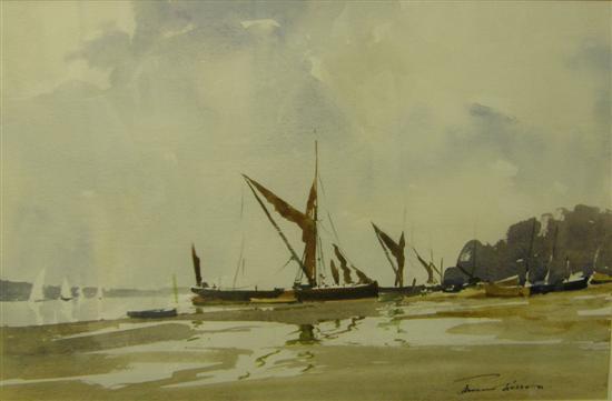 Appraisal: Edward Wesson harbour with beached sailing boats water-colour signed h