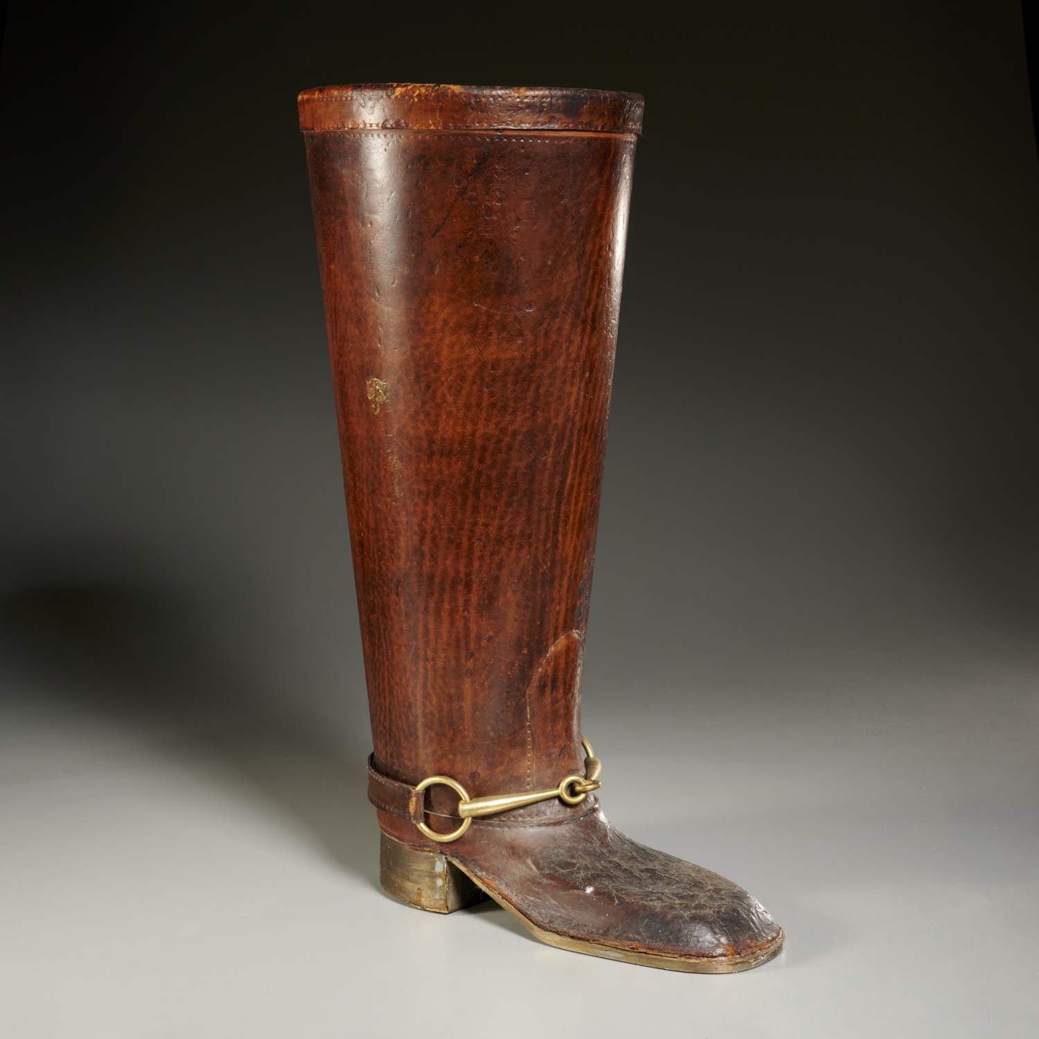 Appraisal: GUCCI ATTRIB EQUESTRIAN BOOT UMBRELLA STAND c s stitched saddle