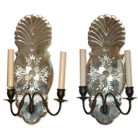 Appraisal: Pair of Etched Glass Two-Light Sconces Estimate -