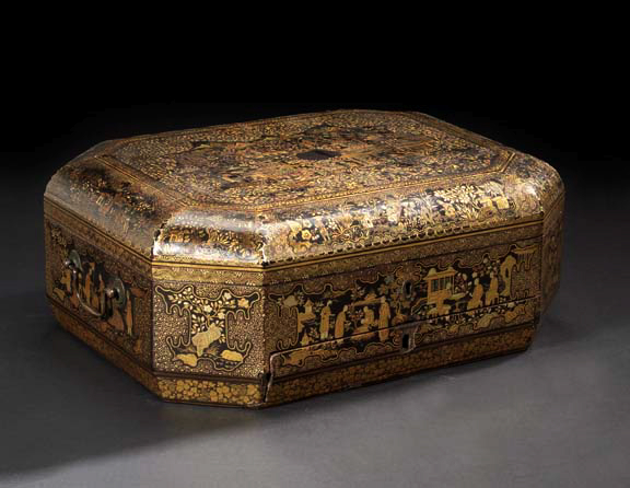 Appraisal: Large Chinese Export Black-and-Gold Lacquer Octagonal Work Box second quarter