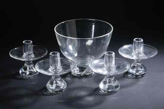 Appraisal: FIVE PIECES STEUBEN GLASS Including four flared teardrop candlesticks in