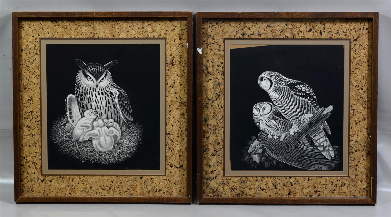 Appraisal: Raymond Charles Dell American th Century scratchboard Owls each signed