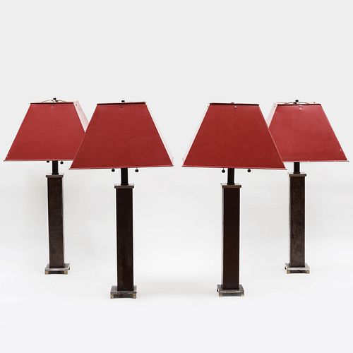 Appraisal: SET OF FOUR PATINATED METAL TABLE LAMPS WITH RED TOLE