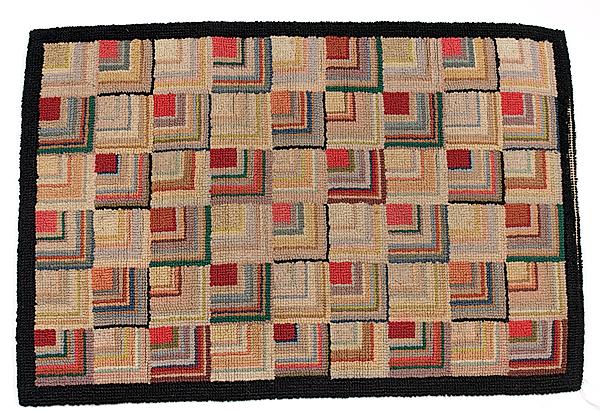 Appraisal: LOG CABIN PATTERN HOOKED RUG American ca wool on cotton