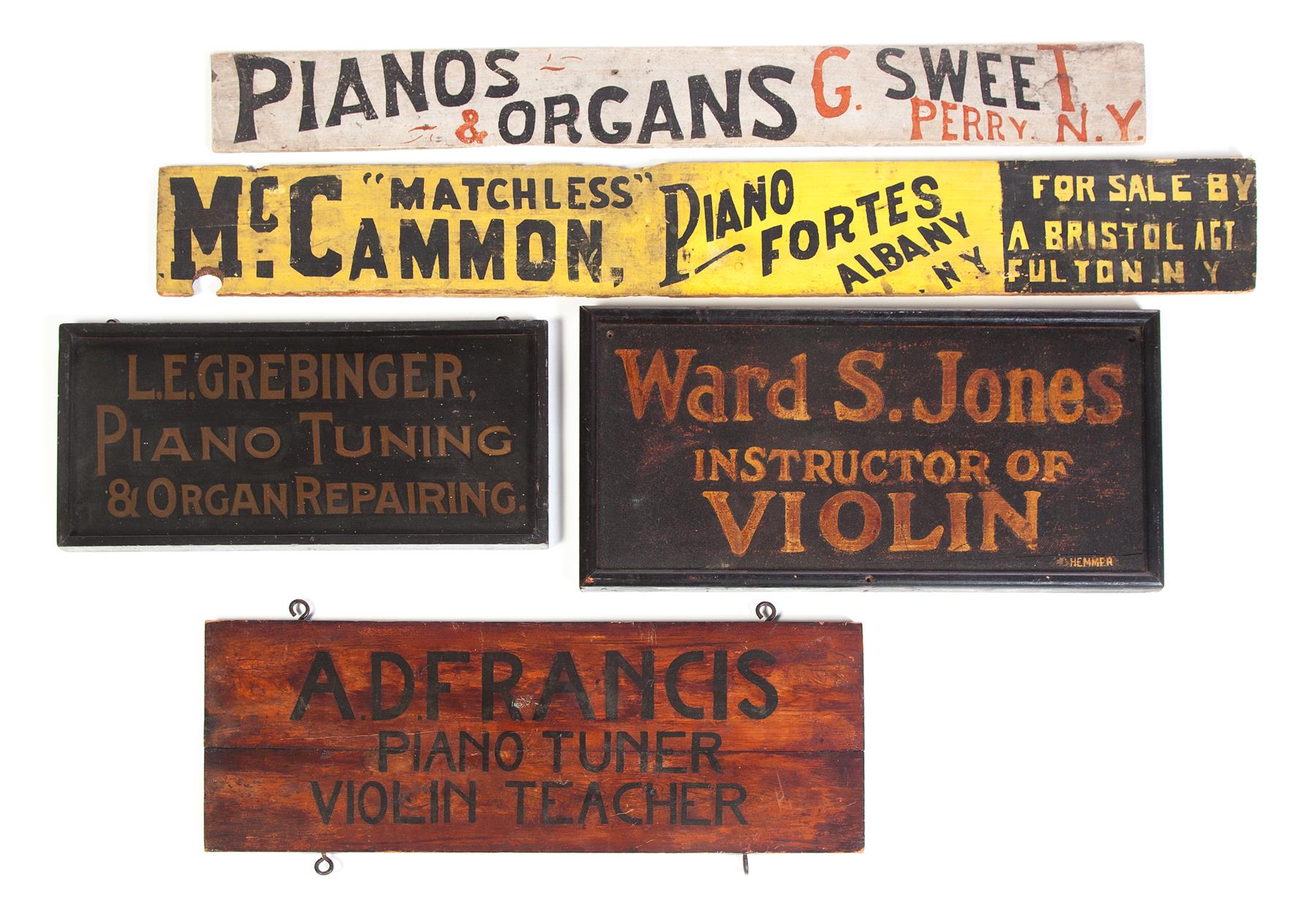 Appraisal: FIVE AMERICAN PIANO TRADE AND ADVERTISING SIGNS Late th-early th