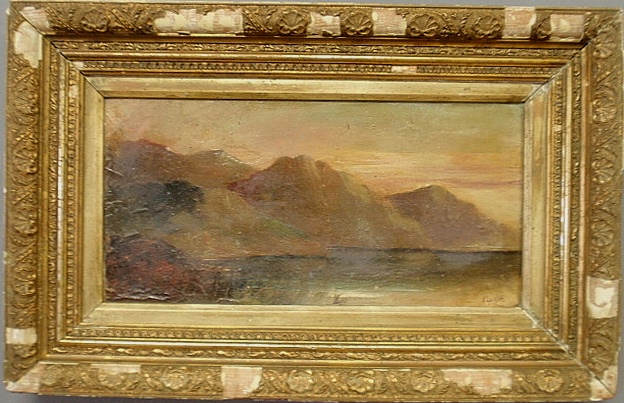 Appraisal: - Oil on board landscape painting of mountains and a