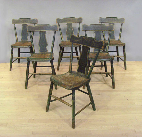 Appraisal: Set of six painted plank seat chairs th c