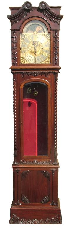 Appraisal: Good mahogany three train musical longcase clock the brass arched