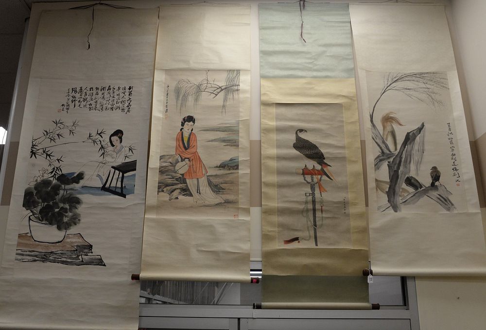 Appraisal: Four Oriental Scrolls to include watercolor bird on branch x