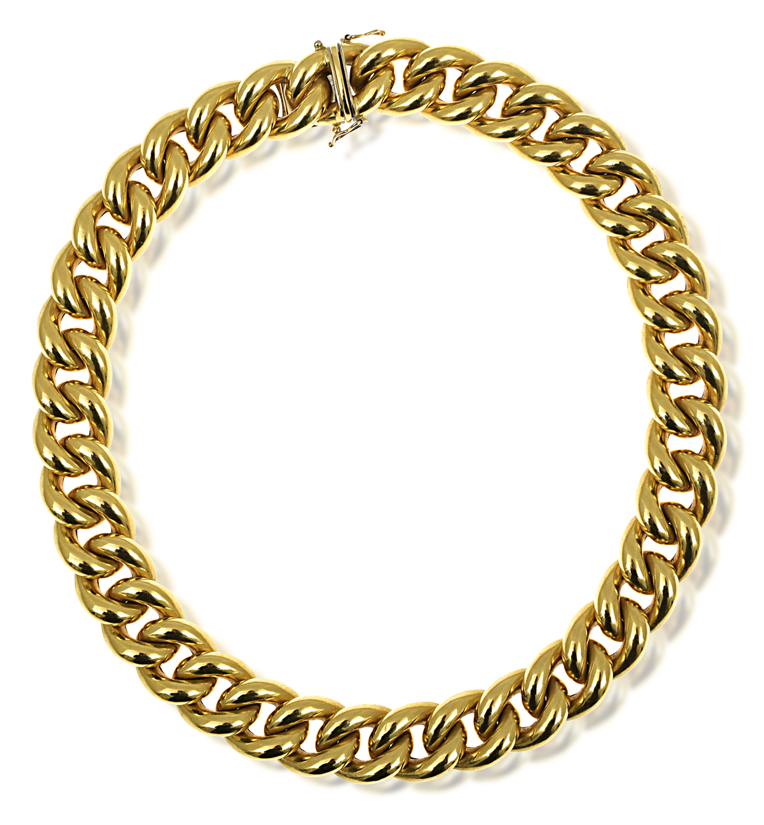 Appraisal: A GOLD NECKLACE The oversized curb link chain mounted in