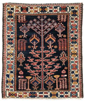 Appraisal: Baktiari rug repeating tree motifs on blue black field ivory