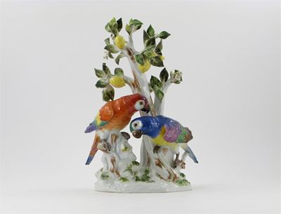 Appraisal: A Meissen parrot group modelled with two brightly coloured Macaws