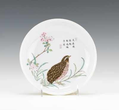 Appraisal: Chinese Porcelain Yellow Dish with Quail Decoration Shallow dish with