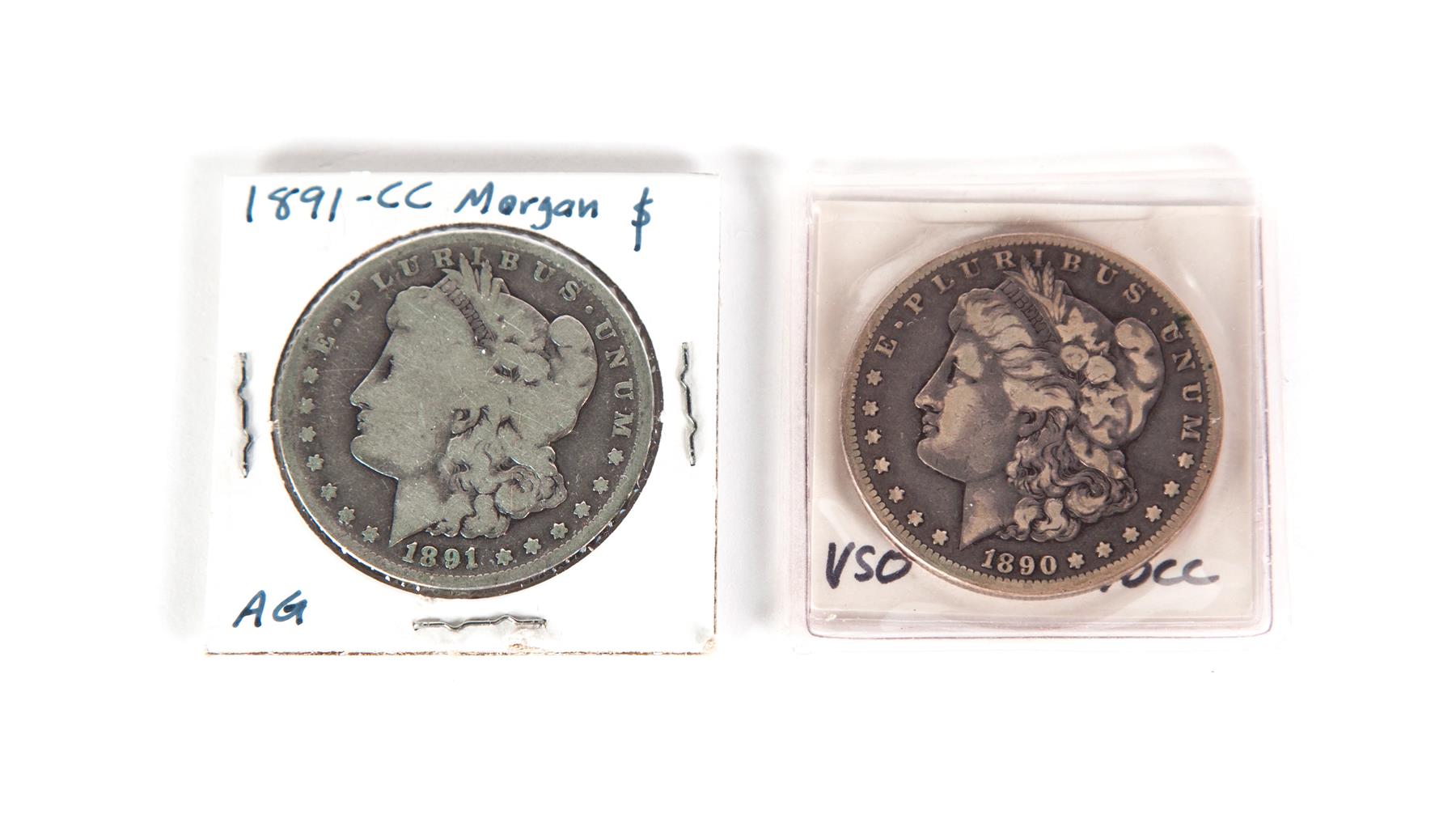 Appraisal: TWO CARSON CITY MORGAN SILVER DOLLARS VAM- possibly VG grade