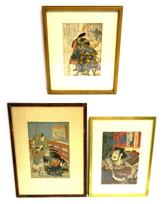 Appraisal: Three th C Japanese actor- and warrior-themed woodblock prints first