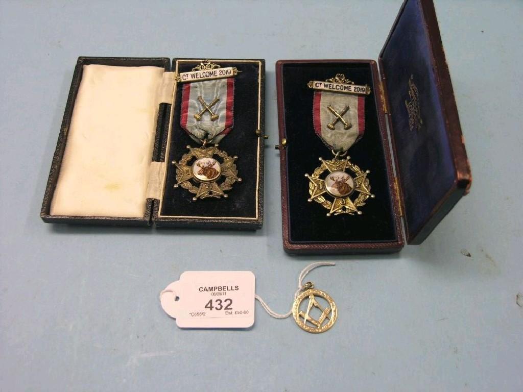 Appraisal: A ct gold Masonic pendant grams and two silver-gilt Masonic