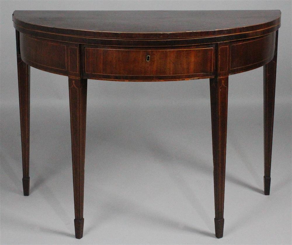 Appraisal: FEDERAL STYLE LINE INLAID MAHOGANY DEMILUNE FLIP TOP TABLE with