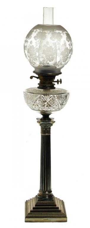 Appraisal: A SILVER PLATED BRASS CORINTHIAN COLUMN OIL LAMP with cut