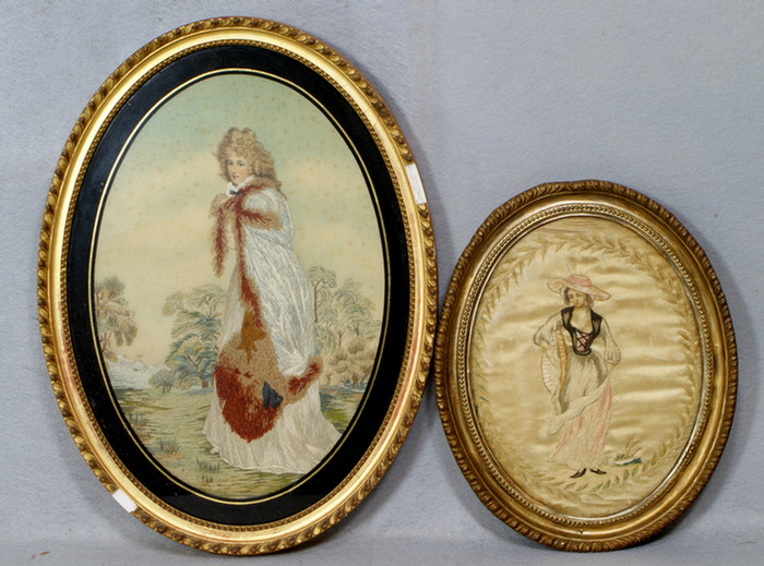 Appraisal: Lot of oval English silk embroidered pictures both depicting fashionable