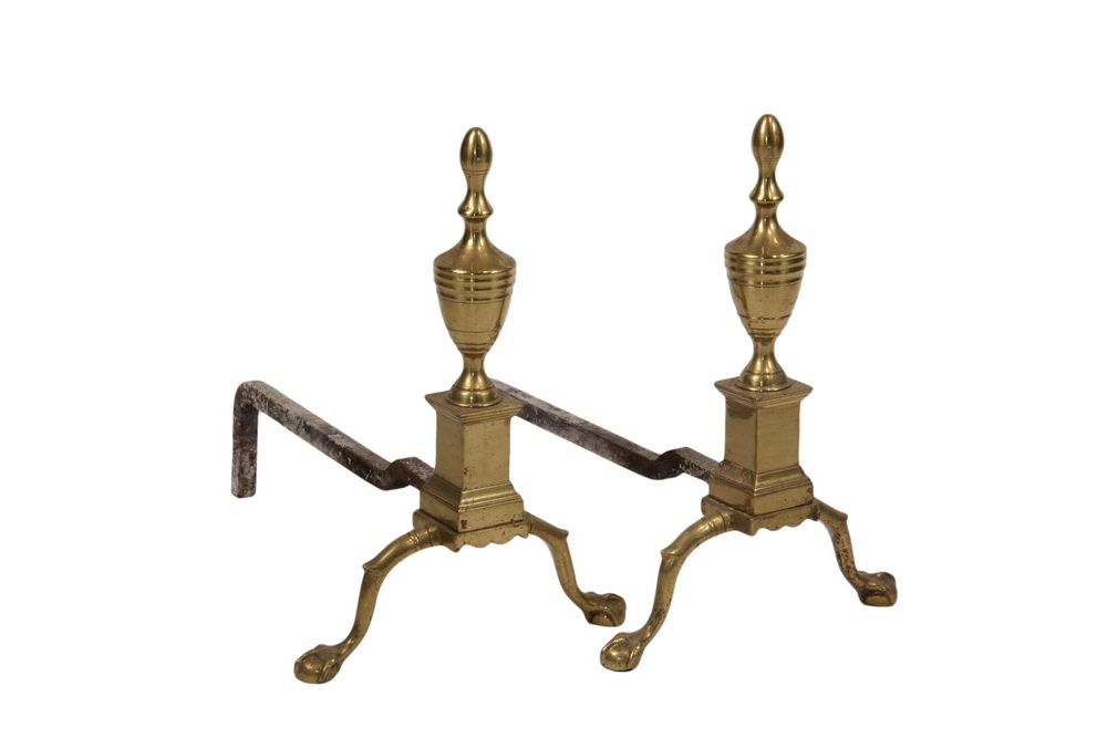 Appraisal: PAIR OF ANDIRONS - th c Brass Andirons Urn Top