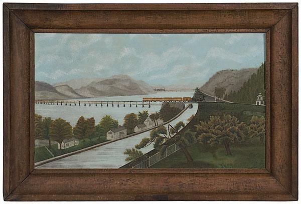 Appraisal: FOLK ART PAINTING OF A SUSQUEHANNA RIVER SCENE WITH RAILROAD