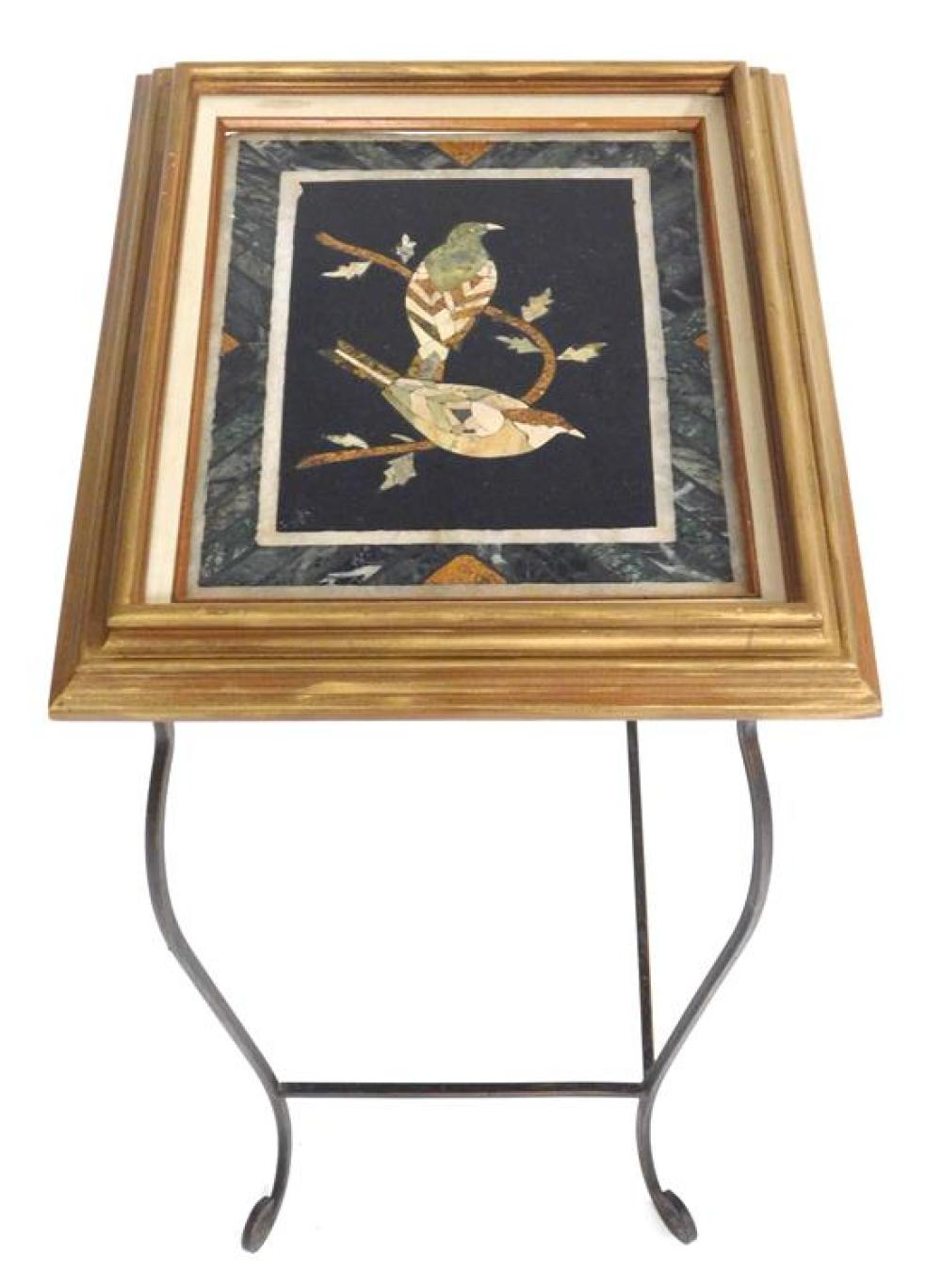 Appraisal: Pietra dura picture frame mounted on table stand two bird