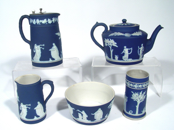 Appraisal: Five Adams dark blue Jasperware items with white figural sprigging