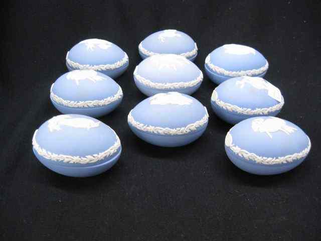 Appraisal: Wedgwood Blue Jasperware Egg Shape Boxes all with bird decorations