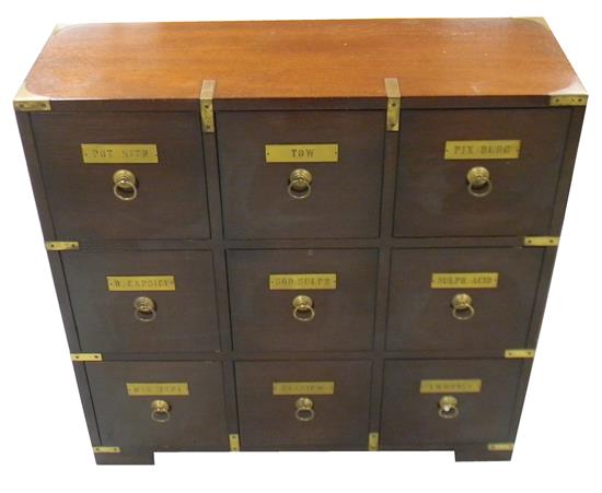 Appraisal: th C reproduction apothecary chest three square drawers by three