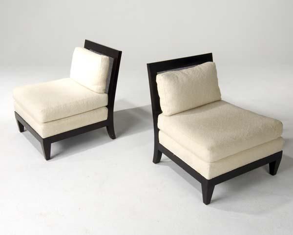 Appraisal: BAKER Pair of caned-back slipper chairs with white boucle cushions