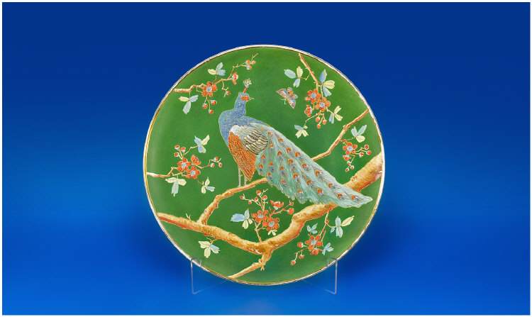 Appraisal: Minton Style Victorian Wall Plaque Handpainted Peacock Amongst Cherry Blossom