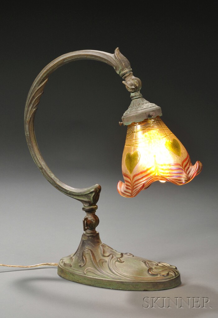 Appraisal: Art Nouveau Desk Lamp with Art Glass Shade Cast patinated