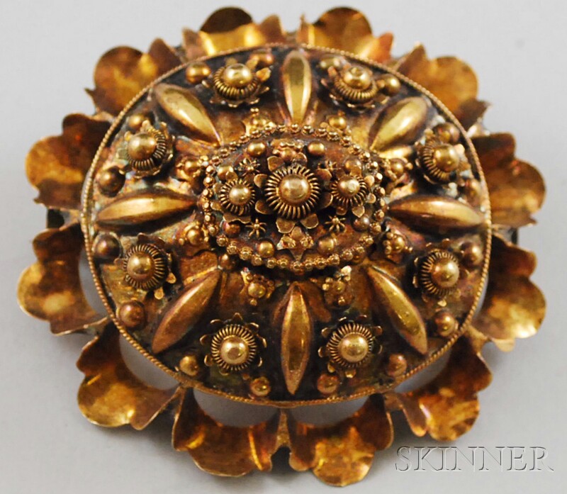 Appraisal: High-karat Gold Etruscan Revival-style Brooch the ovoid brooch with wirework