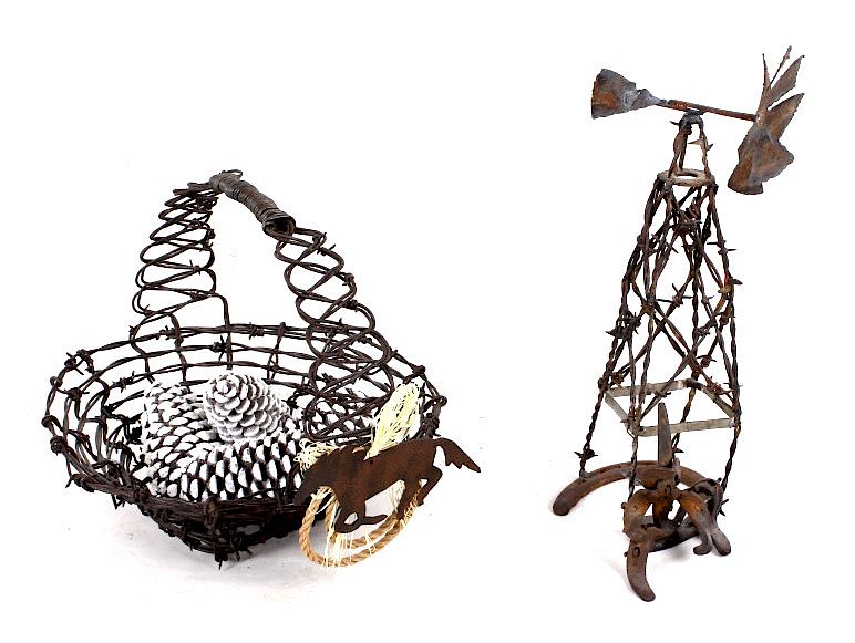 Appraisal: Folk Art Barbed Wire Basket and Windmill Available for your