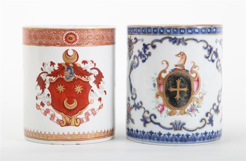 Appraisal: TWO CHINESE EXPORT ARMORIAL PORCELAIN MUGS The one with arms