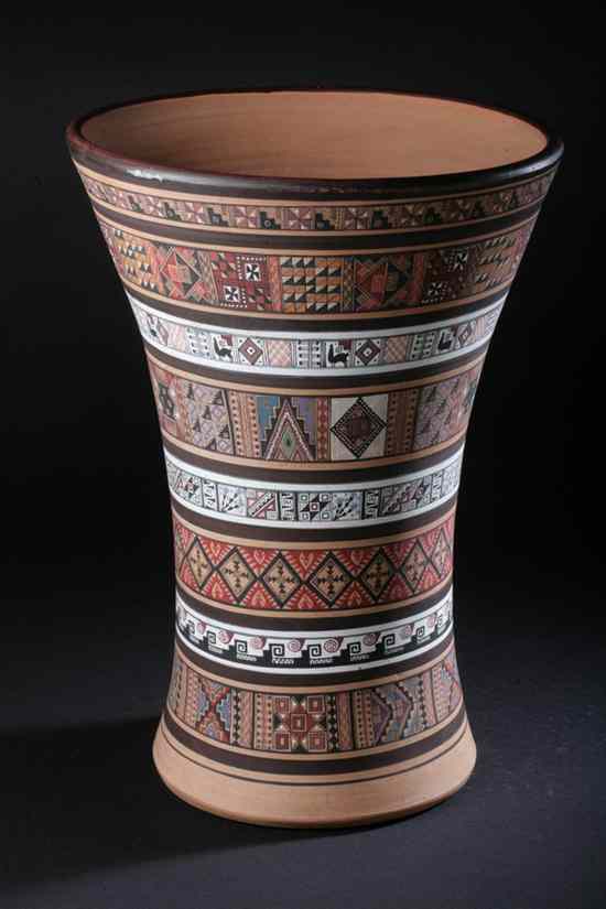 Appraisal: PERUVIAN HAND-PAINTED TERRA COTTA VASE Smithsonian retail label on the