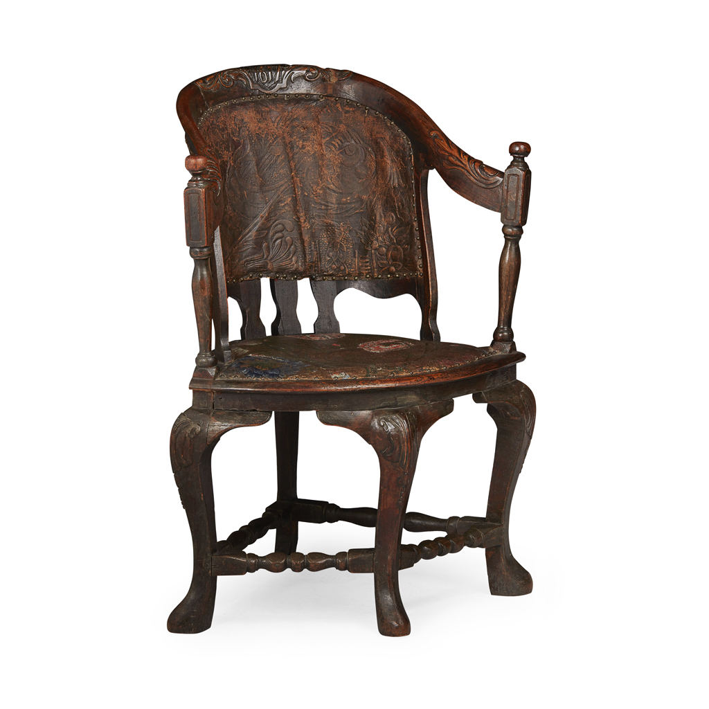 Appraisal: DUTCH WALNUT AND LEATHER UPHOLSTERED MASTER'S CHAIR TH TH CENTURY