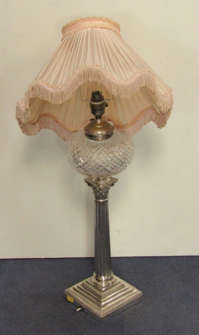 Appraisal: A Hinks Son plated Corinthian column oil lamp converted to