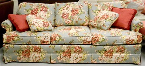 Appraisal: Sofa with pink floral and pale green upholstery and matching