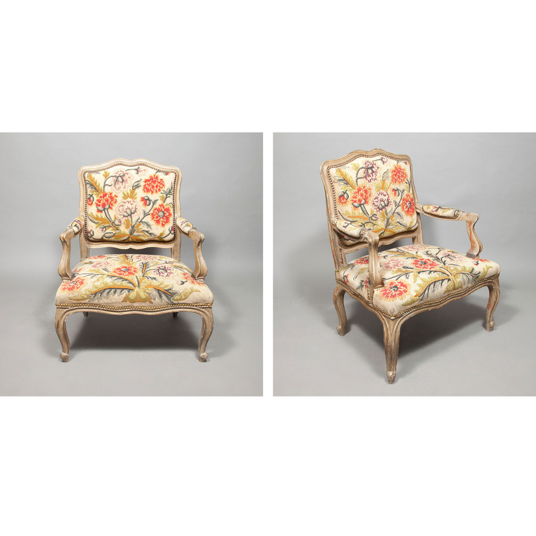 Appraisal: Pair of Louis XV Style Carved and Painted Mahogany Fauteuils