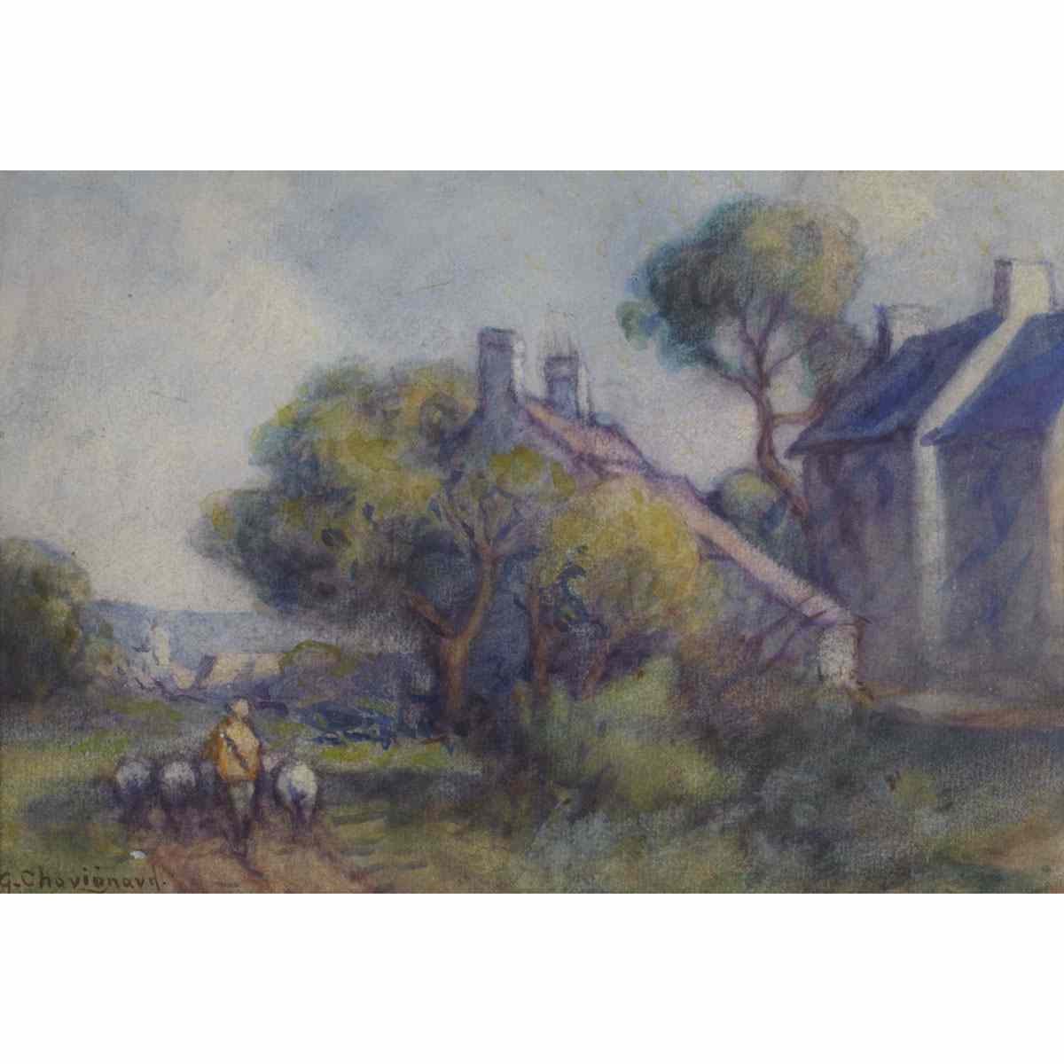 Appraisal: GEORGES CHAVIGNAUD LANDSCAPE WITH COTTAGE FIGURE AND SHEEP Medium watercolour