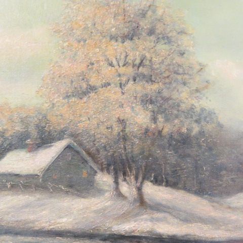 Appraisal: Antique Oil winter landscapewith cabin by a streem image area