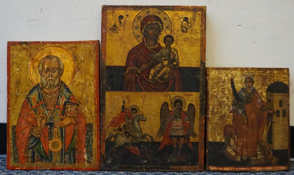 Appraisal: Three Painted Wood Icons Including St Catherine of Alexandria Largest