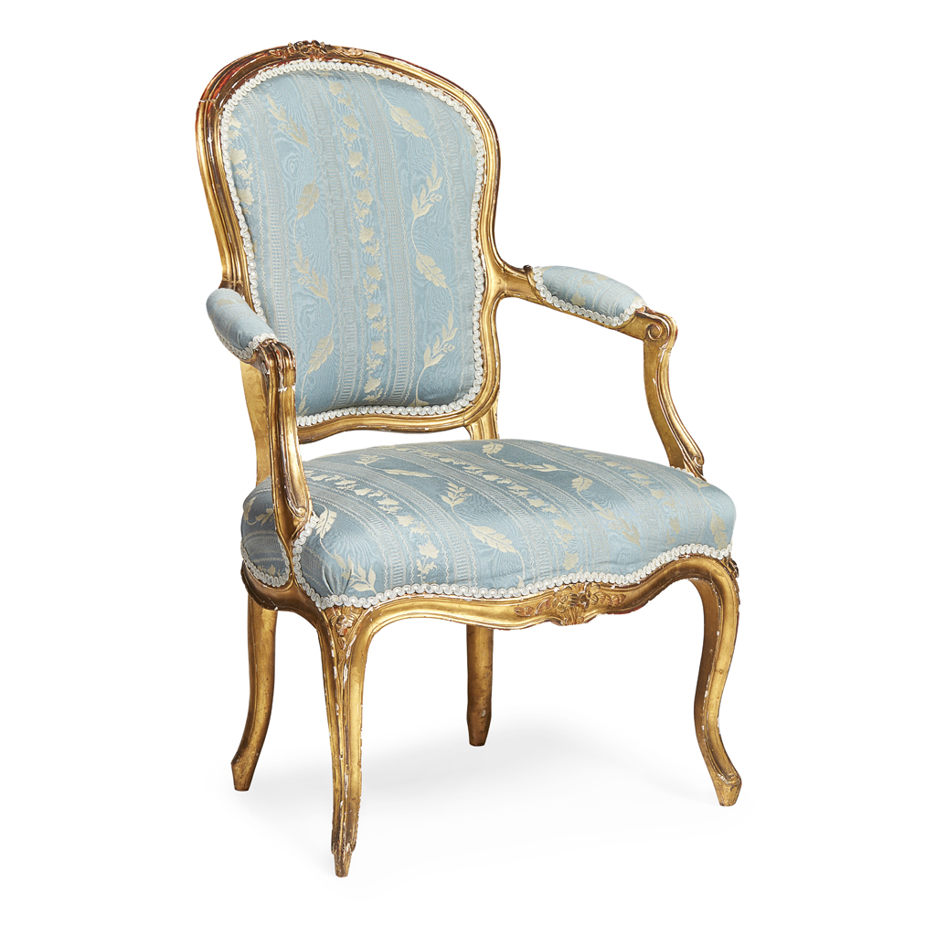 Appraisal: LOUIS XV STYLE GILTWOOD FAUTEUIL TH CENTURY the cartouche shaped