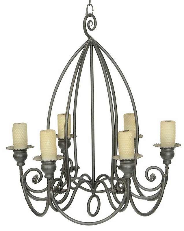 Appraisal: Provincial Style Wrought Iron Chandelier th century scrolled iron six