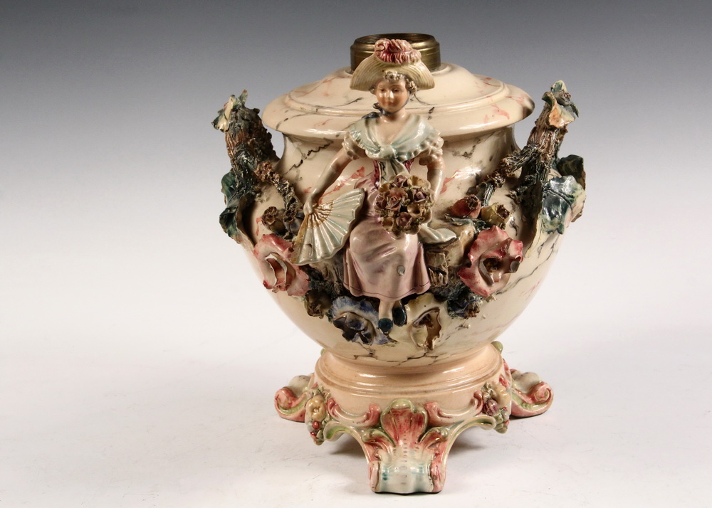 Appraisal: MAJOLICA OIL LAMP - French Majolica Pottery Figural Lamp Base