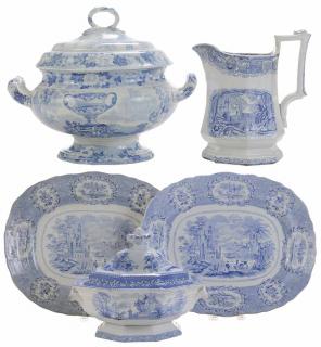 Appraisal: Five Pieces Blue and White Transfer Decorated Pottery English late